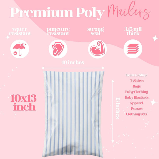 10x13 Designer Poly Mailer 100 Pack Heavy Duty Waterproof Self Seal Shipping Bags for Small Business Large Mailing Envelopes Bulk Tear Resistant Packaging Blue Stripes