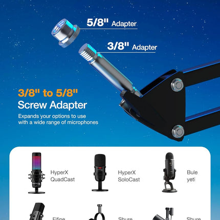 QuadCast Boom Arm, Mic Arm for Blue Yeti HyperX QuadCast SoloCast Fifine AM8 and Most Microphone, Mic Stand Desk with 3/8" to 5/8" Adapter by SUNMON