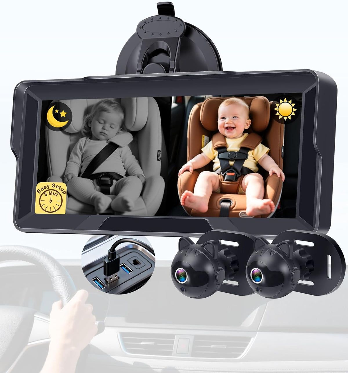 1080P Dual Baby Car Camera: 6.8" Night Vision Monitor 2-Kids from Head to Toe at Once - USB Plug & Play Tool-Free Easy