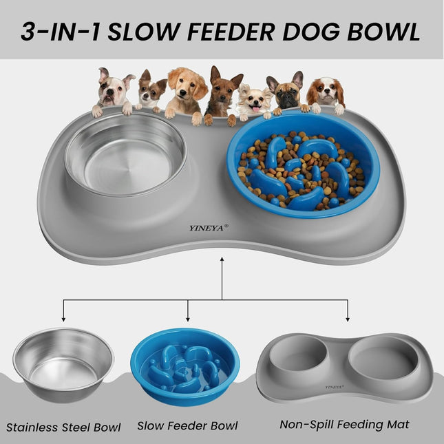 3-in-1 Stainless Steel Slow Feeder Dog Bowl Set