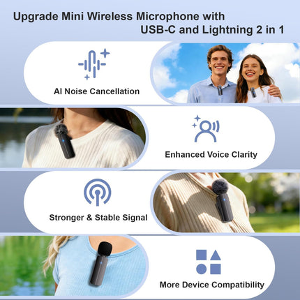 Bulatry 2-Pack Wireless Mini Lavalier Lapel Microphone for iPhone,Android Phone(2 in 1) - 65ft Cordless Clip on Dual Mics with Noise Reduction 6H Working Time for Video Recording Vlogging, YouTube
