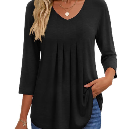 3/4 Length Sleeve Womens Tops V Neck Blouses Pleated Casual Shirts