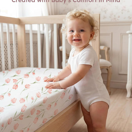 Baby Crib Sheets Girl, Fitted Crib Sheets 52" x 28", Soft Breathable Microfiber Sheets for Standard Crib and Toddler Mattress, 2-Pack Pink Tulips