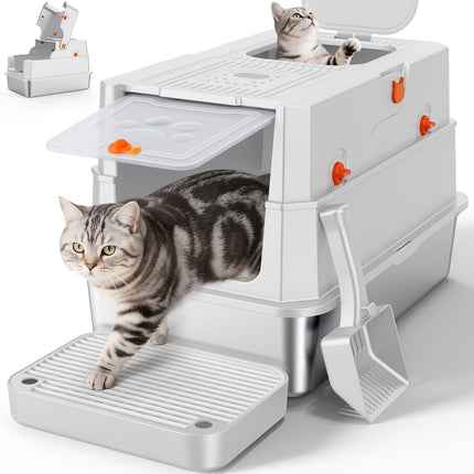 Stainless Steel Litter Box with Lid, Enclosed Metal Cat Litter Box