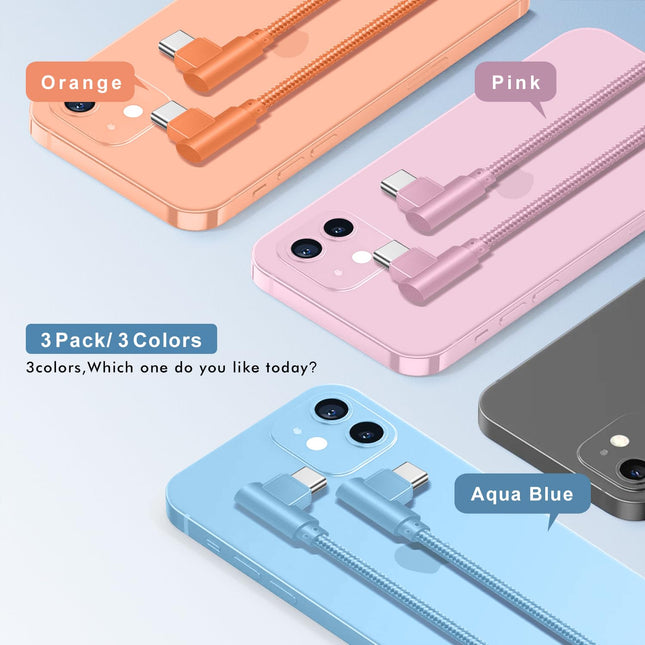 USB C Cable 10FT, 3Pack Power Delivery 60W Nylon Braided C to C Cable 90 Degree Type C Fast Charging - photo 2