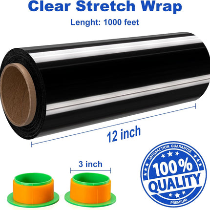 2 Rolls Black Stretch Wrap 12" x 1000 FT x 80 Gauge, Industrial Heavy Duty Stretch Wrap Shrink Film, Durable Self-Adhering for Packing, Moving, Pallet, Included Wrap Holder