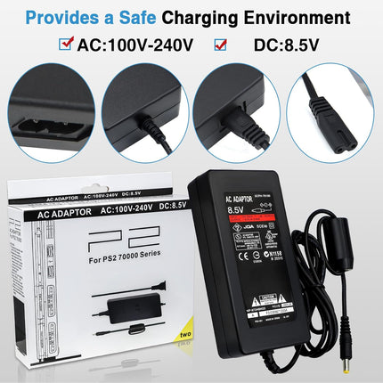 Sirmpuna Power Cord and AV Cable for PS2, AC Power Adapter Charger for PlayStation 2 Slim A/C 70000 Gaming Console, Safe Charging Replacement Set with Overheat Protection