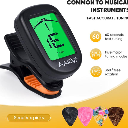AARVI Clip On Guitar Tuner for All Instruments, Acoustic/Electric Guitar, Ukulele, Bass, Violin, Banjo, Large Clear LCD Display for Guitar Tuning, Chromatic Tuner, 4 Pack Guitar Picks Included