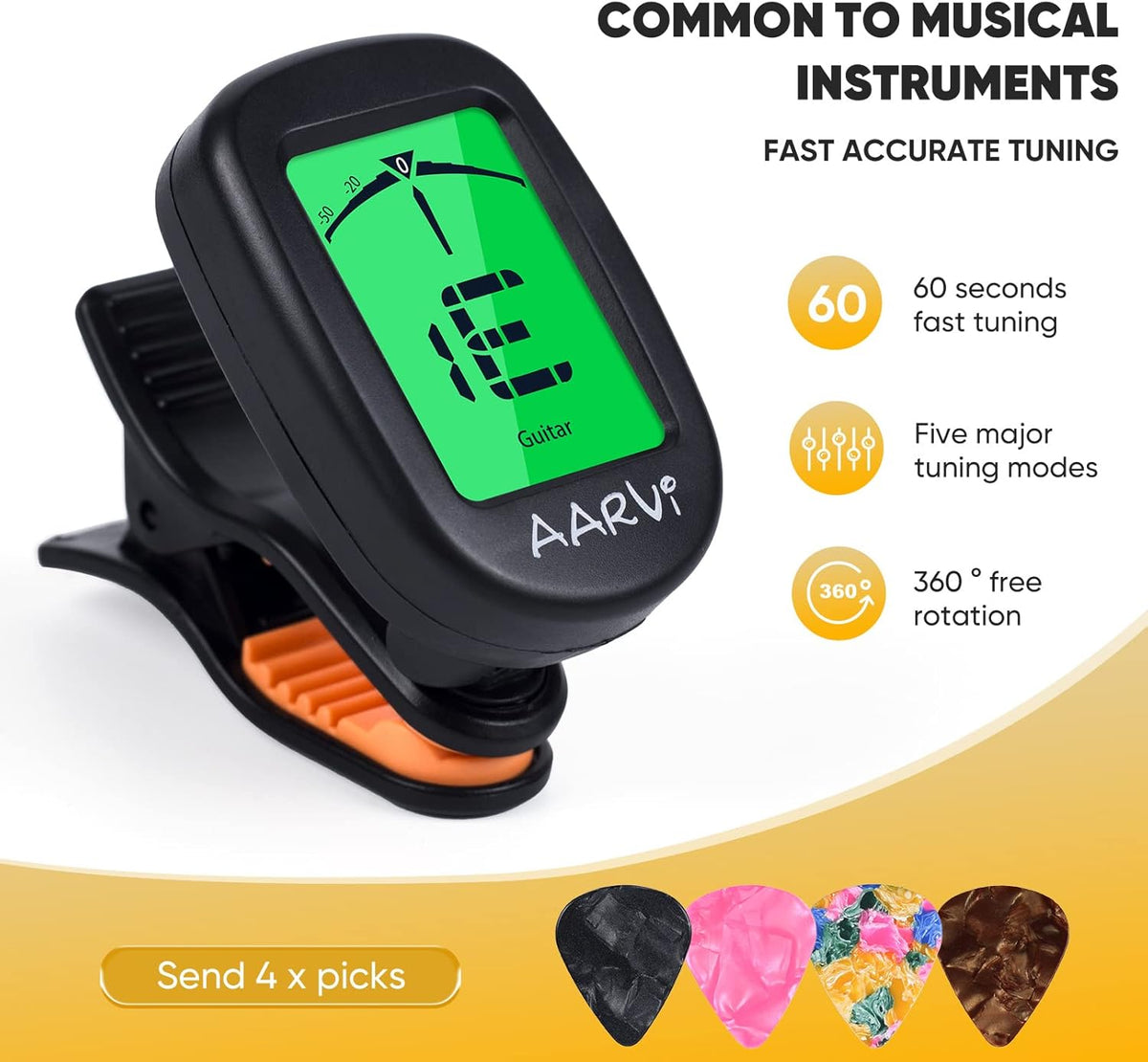 Clip On Guitar Tuner for All Instruments with LCD Display and 4 Guitar Picks - photo 2