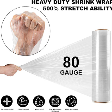 2 Rolls Clear Stretch Wrap 18" x 1000 FT x 80 Gauge, Industrial Heavy Duty Stretch Wrap Shrink Film, Durable Self-Adhering for Packing, Moving, Pallet, Included Wrap Holder
