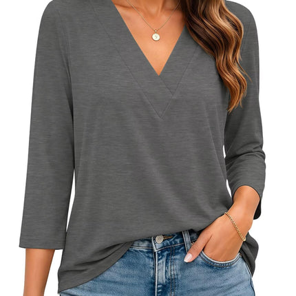 Womens 3/4 Sleeve V Neck Tops Loose Fit T Shirts Casual Blouses