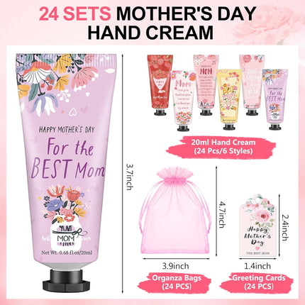 Loopeer 24 Sets Mother's Day Hand Cream Gifts Happy Mother's Day Party Favors Bulk Hand Cream with Organza Bag and Greeting Card for Women, Mom Party Decoration