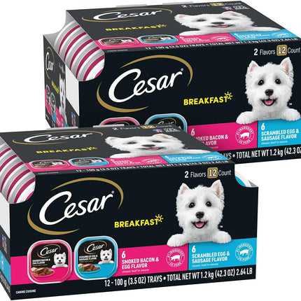 Cesar Wet Dog Food Classic Loaf in Sauce, Breakfast Lovers Variety Pack, Smoked Bacon & Egg Flavor, and Scrambled Egg & Sausage Flavor, 3.5 oz. Easy Peel Trays, 12 Count (Pack of 2)