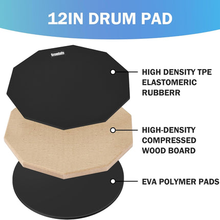 Drum Practice Pad for drumming drum pad and sticks 12 In,Sided With 2 Pairs/4 Maple 5A Drum Sticks & Storage Bag(Black)