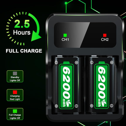 Ponkor Rechargeable Battery Packs for Series X|S/Xbox One, 2 x 6200 mWh Batteries with Charger for Xbox One S/X/Elite Controller Battery Pack Xbox Series X S Skin