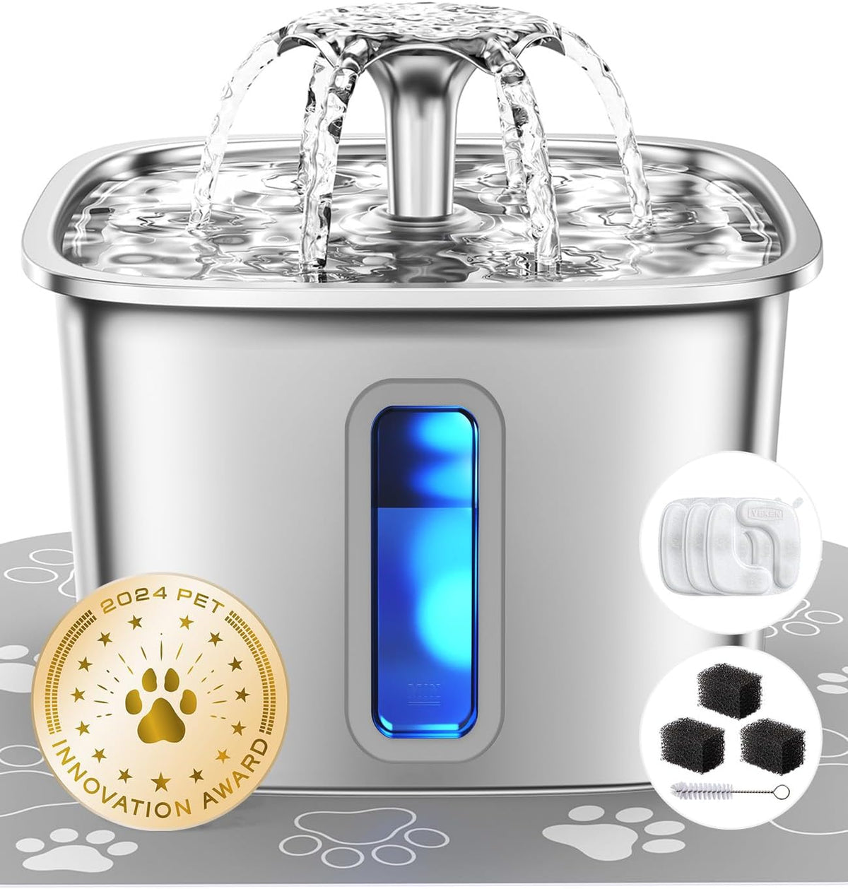 Innovation Award Winner Stainless Steel Cat Water Fountain, 108oz/3.2L Automatic Pet Fountain Dog Water Dispenser with