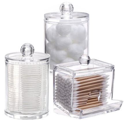 3 Pack Qtips Holder Bathroom Container, 10 oz Cotton Ball/Swabs Dispenser, Apothecary Jar Organizer for Storage Brown Wood Lids