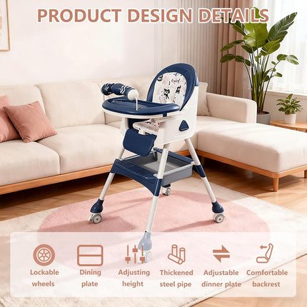 4-in-1 Baby High Chair for Babies & Toddlers, Foldable High Chair with Detachable PU Cushion, Removable Tray, Adjustable Height, Locking Wheels,Blue