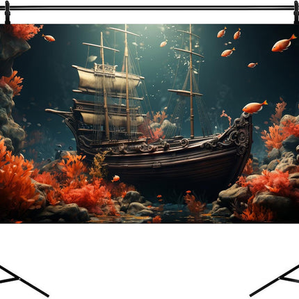 Pirate Shipwreck Aquarium Background Under The Sea Coral Reefs Fish Tank Background Underwater Sunken Ship Landscape Terrarium Background Tropical Sea Marine Life Aquarium Tank Background 48x20in