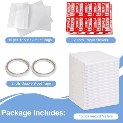 15 Sets Vinyl Record Mailers, 12.5" X 12.5" x 1" LP Shipping Mailer Boxes, White Vinyl Record Shipping Boxes with Foam Pouches, Fragile Stickers