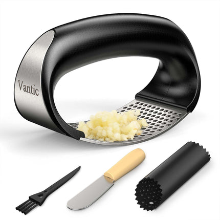Garlic Press Rocker - Stainless Steel Garlic Crusher, Mincer and Chopper with Peeler & Scraper, Easy Kitchen Gadget for Smashing