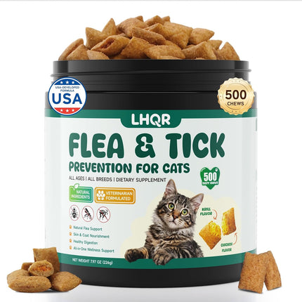 Flea and Tick Prevention for Cats Chewable, Natural Oral Flea and Tick Treatment Supplement, Cat Flea Chews Support Skin & Digestive Supplement for Puppies & All Breeds 500 PCS, Chicken