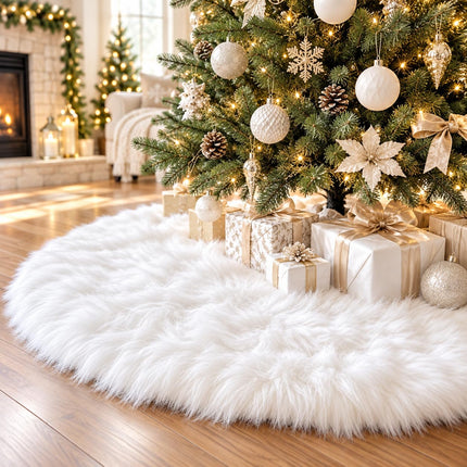 48 Inch White Faux Fur Christmas Tree Skirt, Plush Tree Base Cover for Holiday Party and Home Christmas Decor