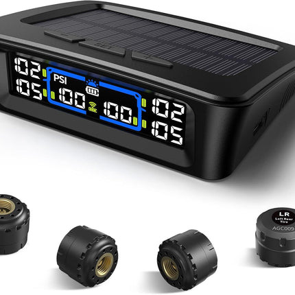 Tymate TM12 RV Tire Pressure Monitoring System, TPMS with USB/Solar Charge, 2026 Latest Version, Set of 4 Sensors(Max. 12), 6 Alarm Modes, 50ft Range, 0-116PSI for RV/Sedan/SUV/MPV/Truck/Older Vehicle