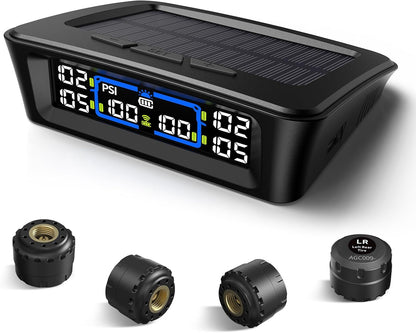 RV Tire Pressure Monitoring System, TPMS with USB/Solar Charge, 2026 Latest Version, Set of 4 Sensors(Max. 12), 6 Alarm