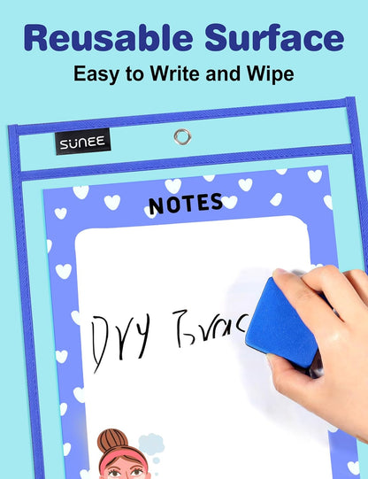 30 Packs Oversized Reusable Dry Erase Pocket Sleeves with 2 Rings, 10 Assorted Colors 10x14 Ticket - photo 3