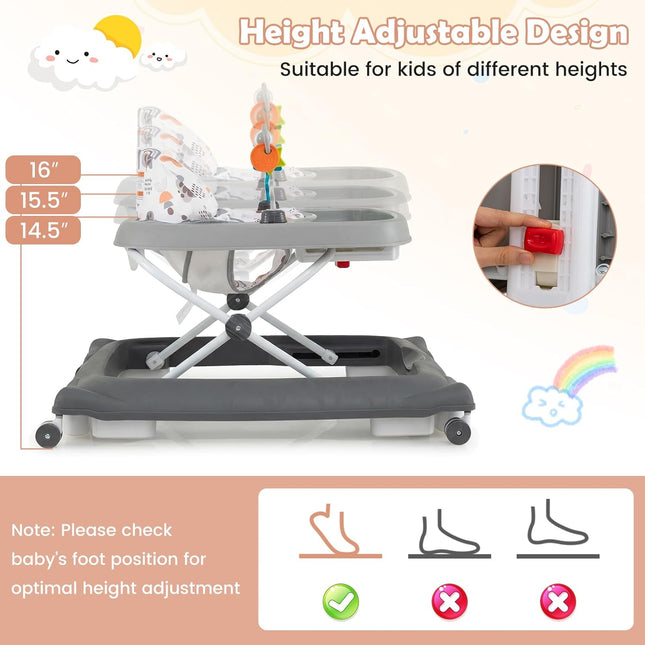 Baby Walker, Foldable Activity Walker with Adjustable Height, Large Tray & Removable Toys, Baby Walker with Wheels for Boys Girls 6-12 Months (Gray)