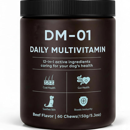 DM-01 Daily Multivitamin, Multivitamin Itch Relief Chews for Dog, with Folic Acid, Salmon Oil, Chondroitin & Natural Vitamins, Skin and Coat Healthy, Digestive & Boost Immunity, 60 Chew (Beef)