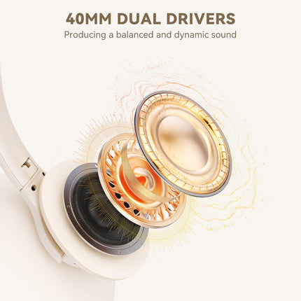 Bluetooth Headphones Over Ear, 65 Hours Playtime Headphones Wireless with Mic, Low Latency Foldable Lightweight Headset with Deep Bass, HiFi Stereo Sound Headphones for School Work (Beige)