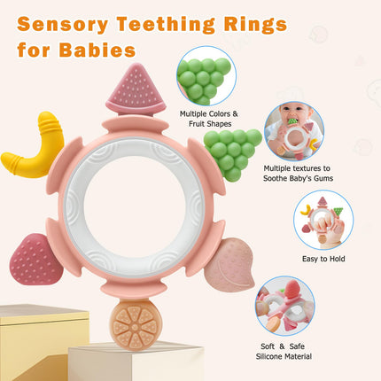 Juguetes de dentición para bebés de 3-12 meses, anillos de dentición de silicón para bebés, mordedor infantil para alivio de encías, mordedor sensorial, regalo de Halloween para recién nacidos niños y niñas, rosa