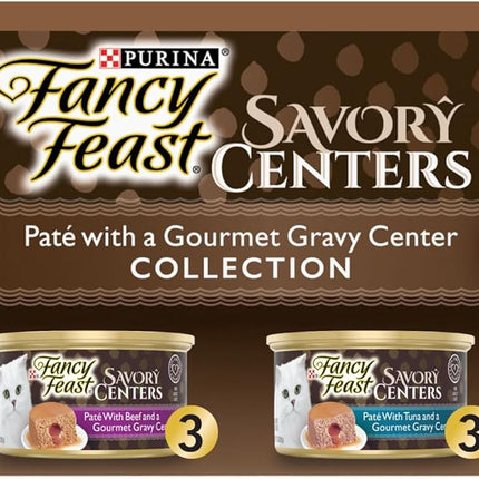 Purina Fancy Feast Savory Centers Wet Cat Food Pate Variety Pack With Chicken, Salmon, Beef, and Tuna Pate with Gravy Center - (2 Packs of 12) 3 oz. Pull-Top Cans