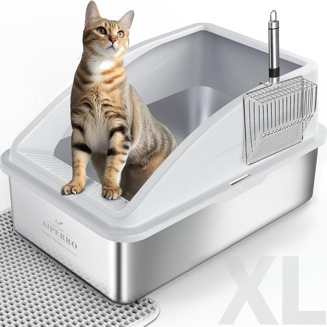 Stainless Steel Litter Box | XL Enclosed Cat Litter Boxes with Lid for Big Cats | High Sided, Anti-Urine Leakage 