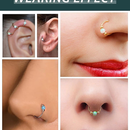 2 Pcs Small Cartilage Hoop Earrings for Women Men, 18G Opal Silver Earrings Hypoallergenic 316L Surgical Steel Hinge Huggie Hoop Earrings for Helix,Tragus,Conch,Rook,Earlobe Piercing Jewelry Nose Ring