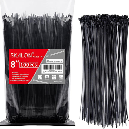Zip Ties 8 inch (100 Pack), 40lbs Tensile Strength, Black Cable Ties, Wire Ties for indoor and outdoor use