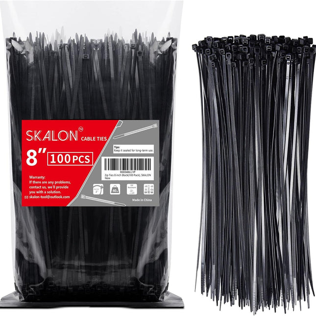 Zip Ties 8 inch (100 Pack), 40lbs Tensile Strength, Black Cable Ties, Wire Ties for indoor and outdoor use