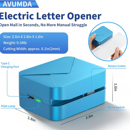 Rechargeable Electric Letter Opener Mail Opener Letter Openers Envelope Slitter Automatic Letter Opener Portable & Safe Blade Design, Universal Envelope Efficient Tool for Office Home (Blue)