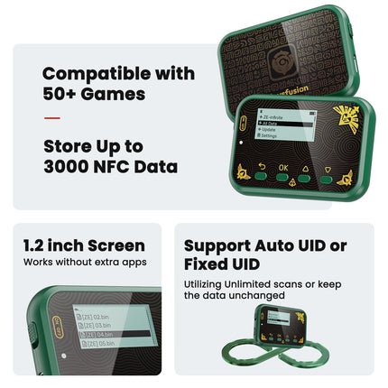 Joysfusion NFC Emulator, Store 3000 NFC Data, Support Ulimited Scan, 1.2" Screen, Easy Button Controls, Rechargeable for Endless Play, Compatible with 50+ Games (Green)