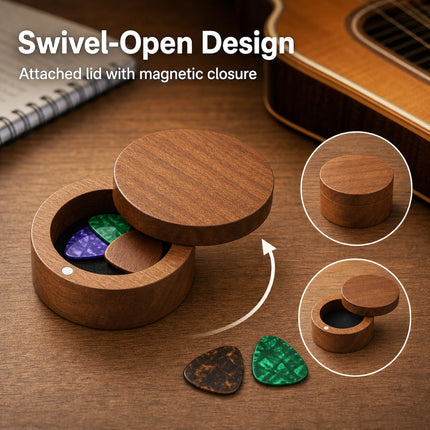 Set de portapúas de guitarra con 2 púas de madera + 8 púas de celuloide (3 grosores), estuche de madera con tapa magnética giratoria, mini joyero, accesorios musicales para guitarrista