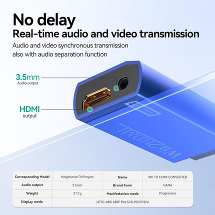 GANA Wii to HDMI Converter Adapter with Hdmi Cable Connect Wii Console to HDMI Display in 1080p Output Video with 3.5mm Audio Supports All Wii Display Modes Blue