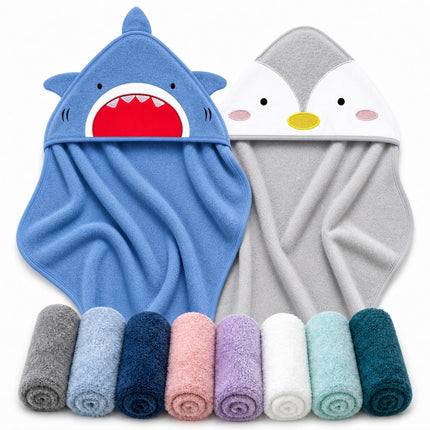 2 Pack Hooded Baby Towel Rayon Made from Bamboo and 8 Washcloths - Lovely Elephant, Happy Bird