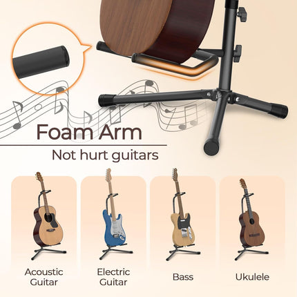 GLEAM Guitar Stand - Adjustable Fit Electric, Classical Guitars and Bass, Load Capacity 20LB, Accessories, Folding Type Black (CG-4)