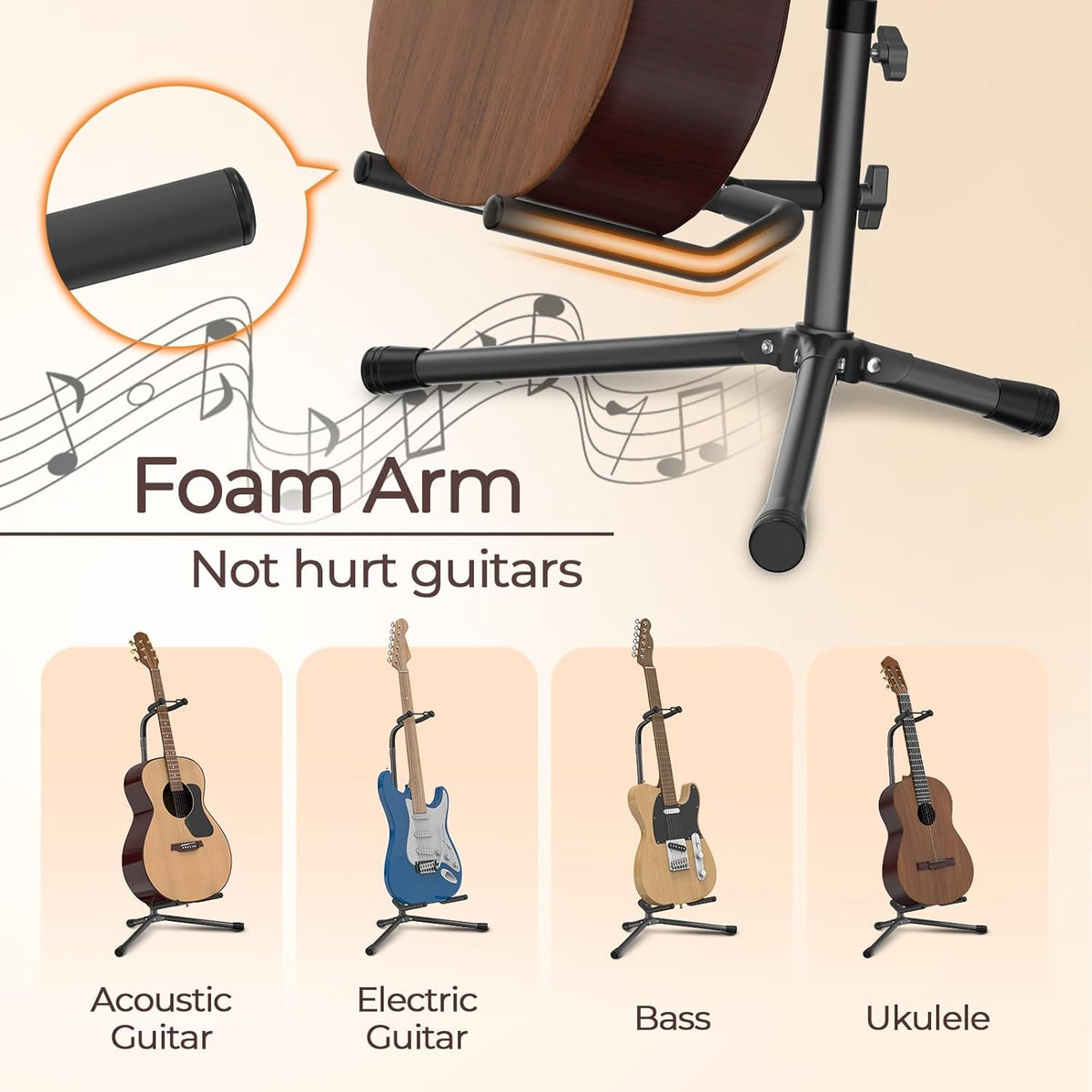 Adjustable Folding Guitar Stand for Electric, Classical Guitars and Bass, Black - photo 2