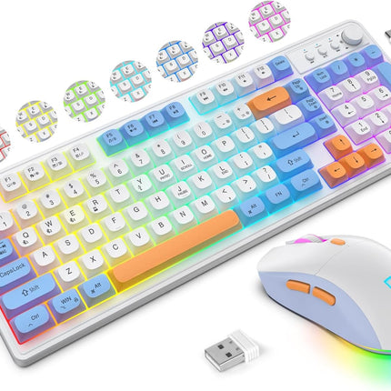 KOLMAX BT98 Wireless Keyboard and Mouse Combo,Triple Mode 2.4G/Wired/Bluetooth Gaming Keyboard and Mouse,Rechargeable Ergonomic RGB Backlit Light Up Keyboard Mouse with Knob for WinPC/Mac/Tablet White