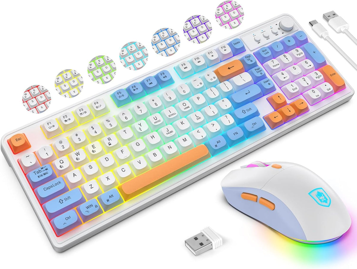 Wireless Rechargeable Backlit Keyboard and Mouse Combo, RGB White Keyboard with 98 Keys, Dual Color Mouse with 3200DPI