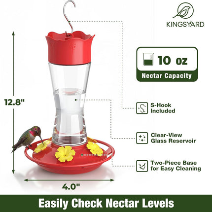 Kingsyard 2-Pack Glass Hummingbird Feeder for Outdoors Hanging, 10 oz Leak-Proof Humming Bird Feeders with Ant Moat & Bee Proof Feeding Ports, Hummingbird Gift for Bird Lovers (Clear)