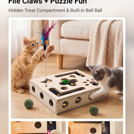 Cat Toys for Indoor Cats - Cat Nail File Box with Interactive Cat Toys, 2026 Upgraded Cat Puzzle Feeder Scratch Puzzle Toy for Indoor Cats, Natural Claw Care with 2 Wand Toys&Catnip Ball&4 Bell Ball